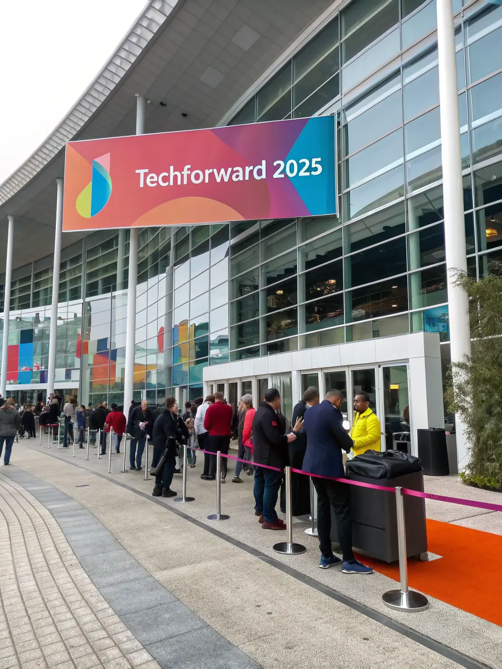 A photograph of the entrance to the 'AI Tech Summit' in London, with attendees networking and registration desks visible.