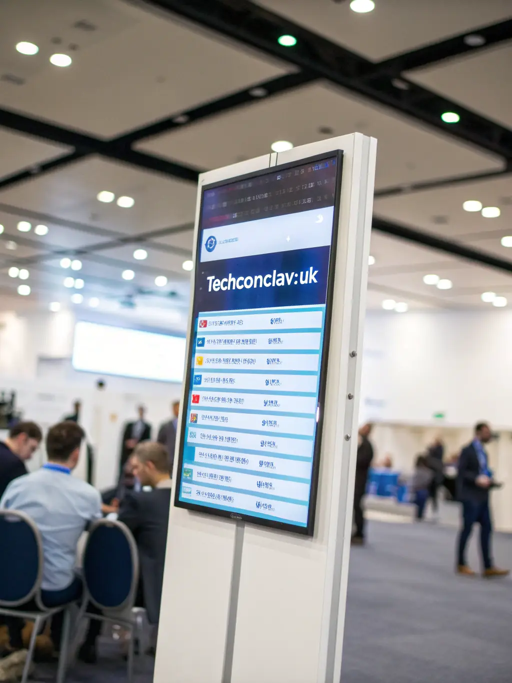 A photograph of a conference schedule board, displaying session times, locations, and speaker names for a UK tech conference, emphasizing clarity and organization.