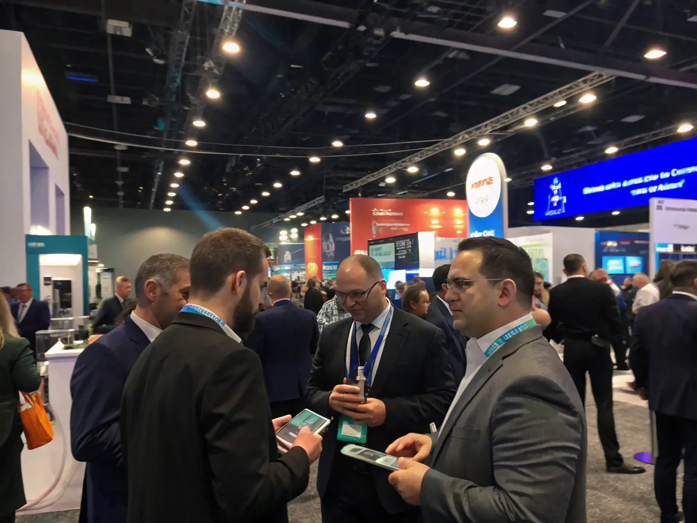 An image depicting a networking event at a tech conference, with attendees exchanging business cards and engaging in conversation, set against a backdrop of conference branding.