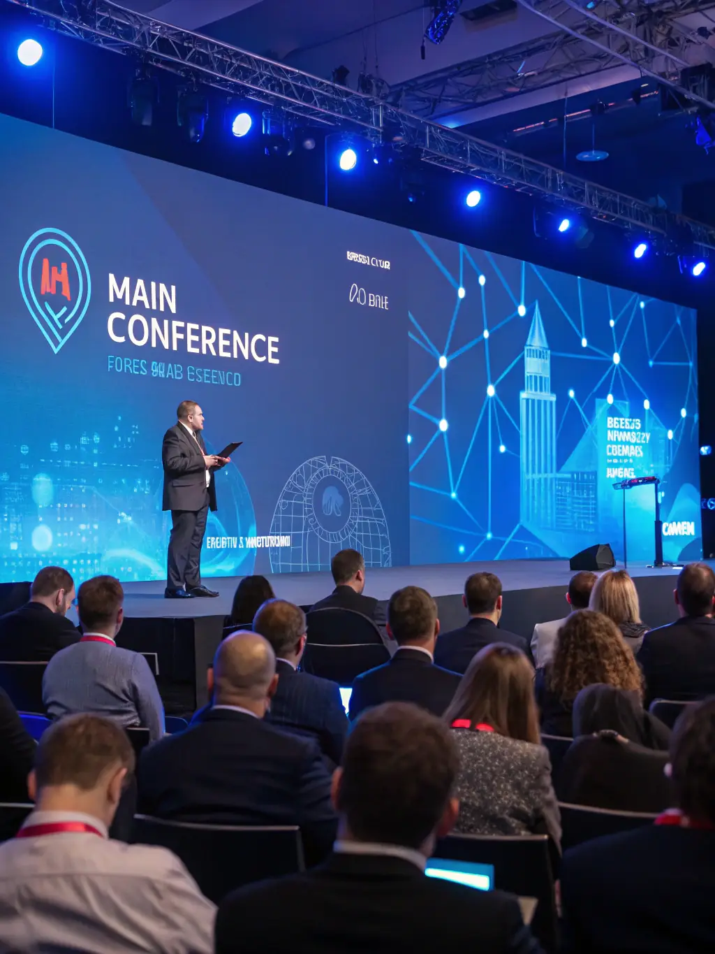 A dynamic shot of a speaker presenting at the 'Cybersecurity Expo' in Manchester, with a large screen displaying key data points.