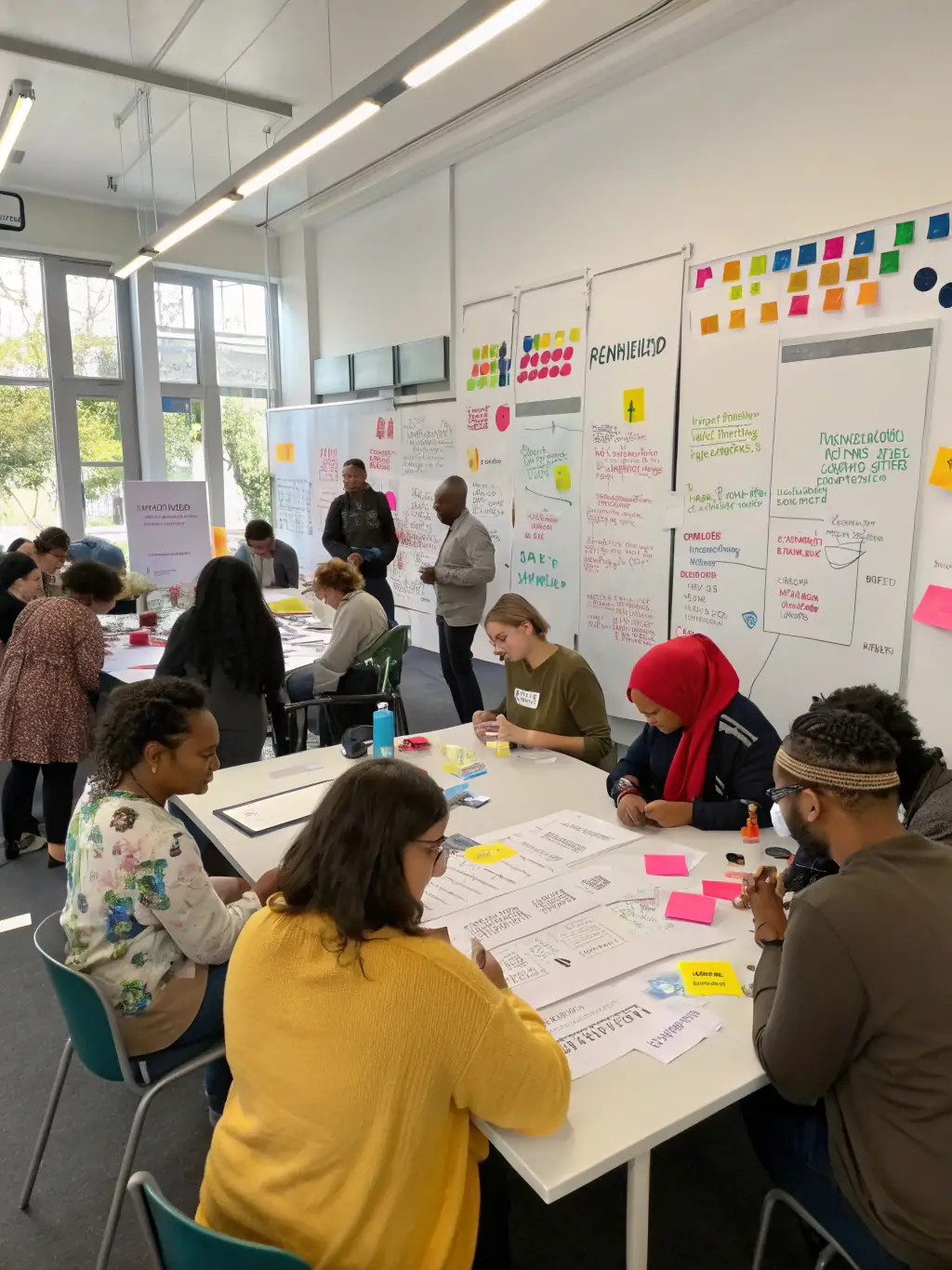 A professional photo of a workshop session at the 'Renewable Energy Tech Conference' in Birmingham, with participants actively engaged in discussions.