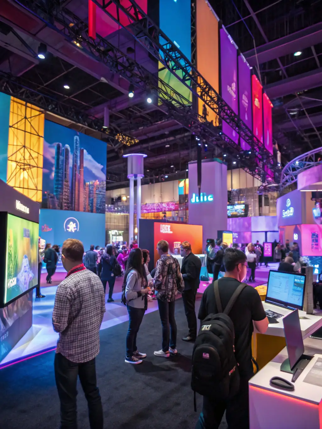 A vibrant image of the exhibition floor at the 'FinTech Forum' in Edinburgh, showcasing various booths and interactive displays.