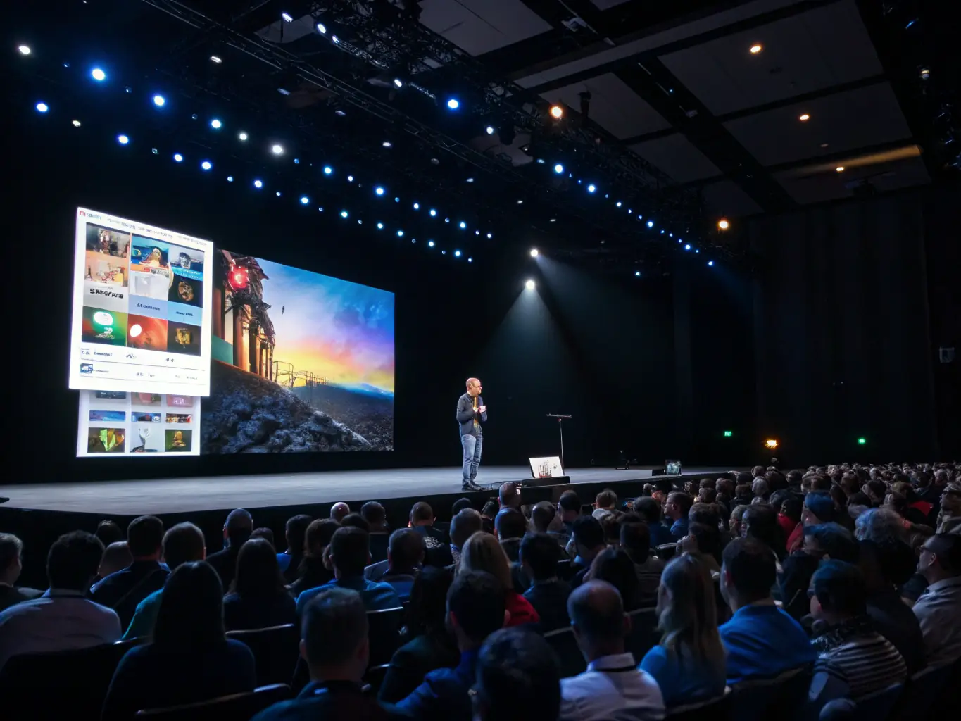 A dynamic shot of a keynote speaker presenting on stage at a technology conference, with an engaged audience and modern presentation graphics in the background.