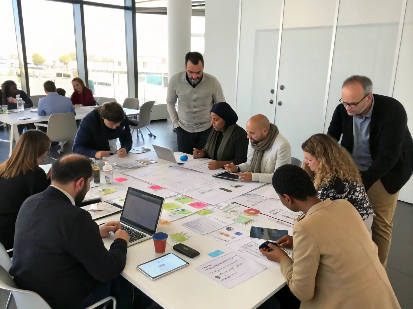 A photograph capturing a diverse group of professionals actively participating in a workshop session at a technology conference, showcasing hands-on learning and engagement.