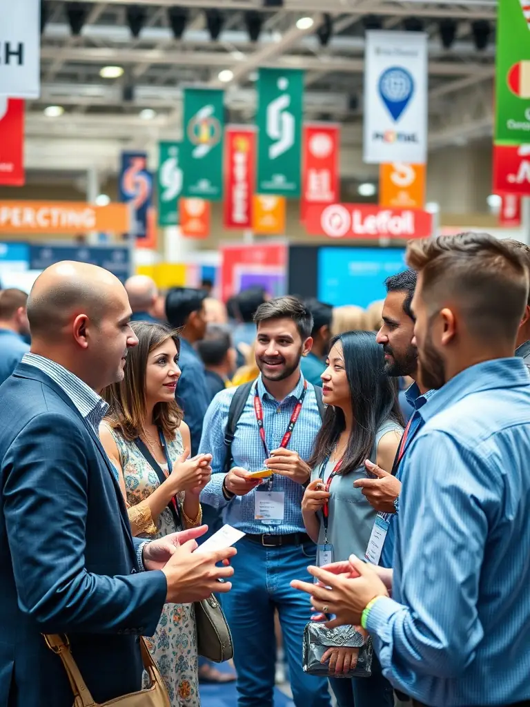 Image of a networking event at a UK tech conference, showing attendees connecting and exchanging ideas in a relaxed and professional setting.